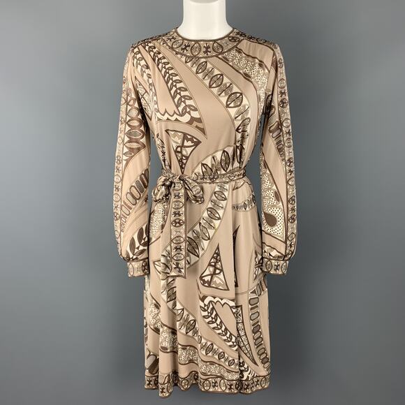 EMILIO PUCCI Vintage Size 8 Taupe Print Silk Long Sleeve Shift Dress - Picture 1 of 9